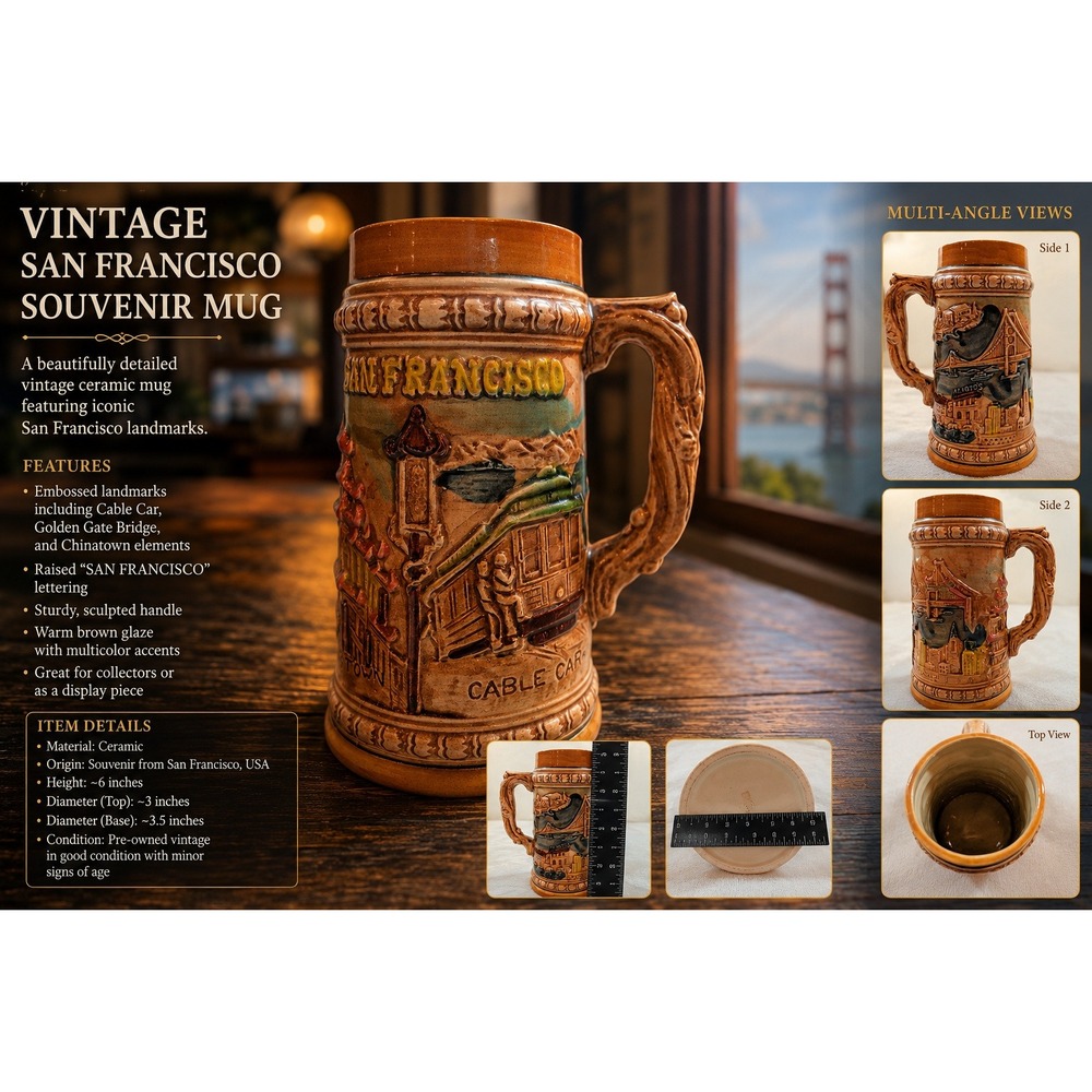 Vintage San Francisco Ceramic Beer Stein 3D Relief Golden Gate‎ Bridge Cable Car